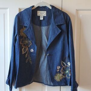 VINTAGE TANTRUMS EMBROIDERED DENIM JEAN BLAZER JACKET BOHO ARTSY 70s PETITE MED